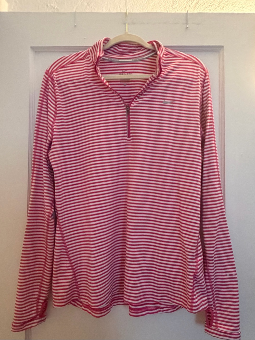 Nike Women's Pink and White Striped Long Sleeve Quarter-Zip Top